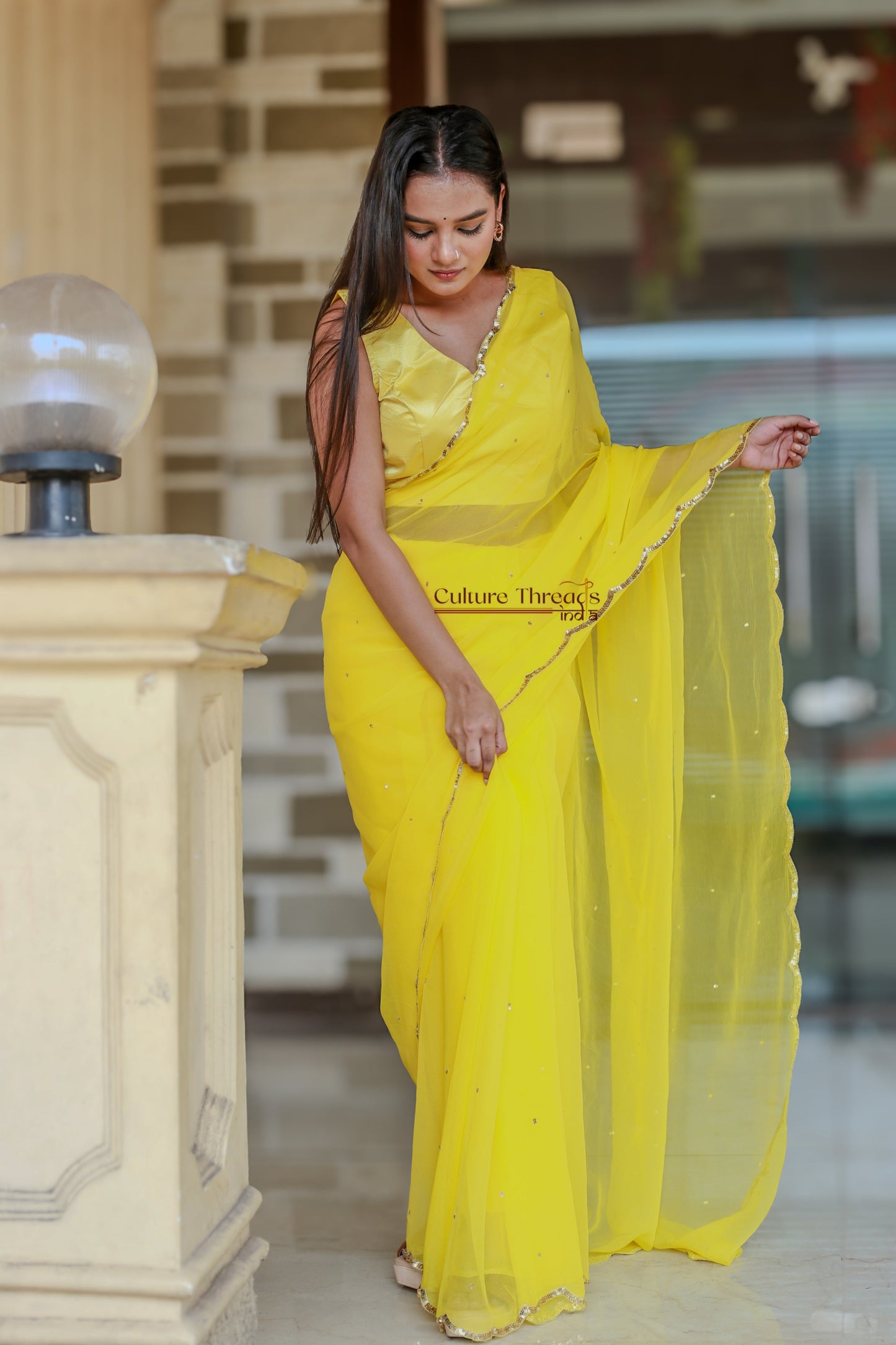Sunshine Radiance Scalloped Border Saree