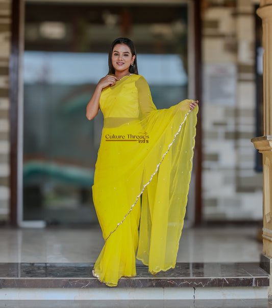 Sunshine Radiance Scalloped Border Saree