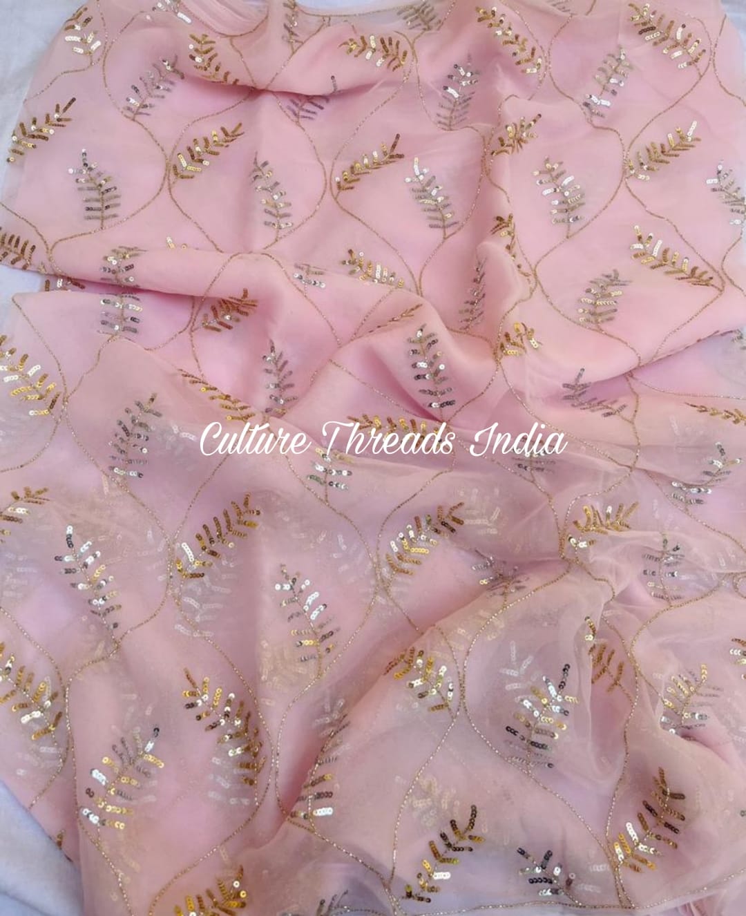 Pink Leafy Lace Saree