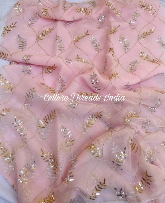 Pink Leafy Lace Saree
