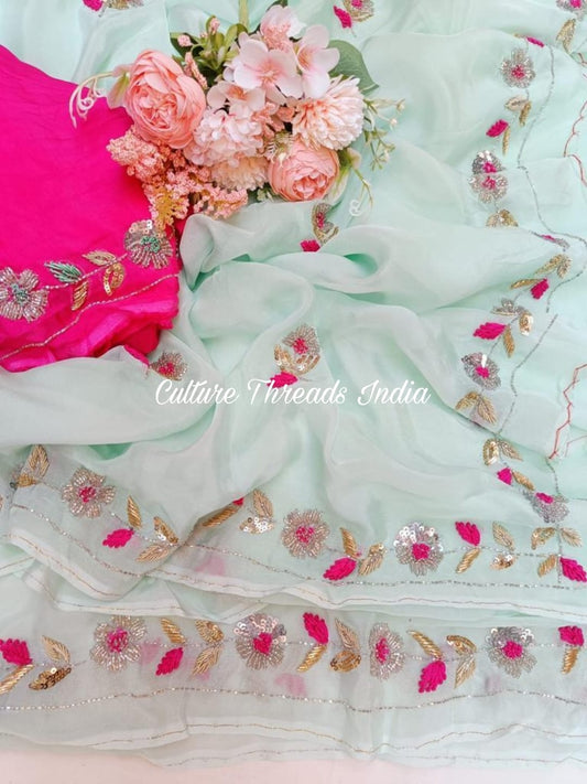 Mint Floral Trim Saree
