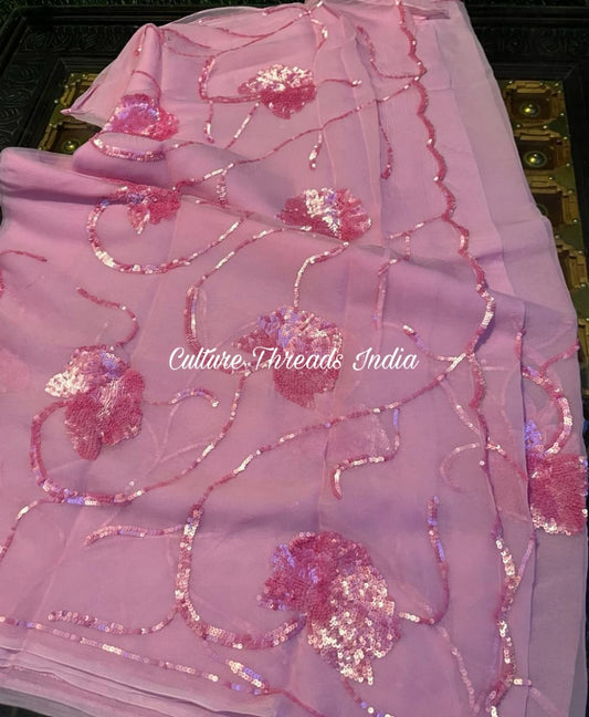 Pink Peony Sequins Saree