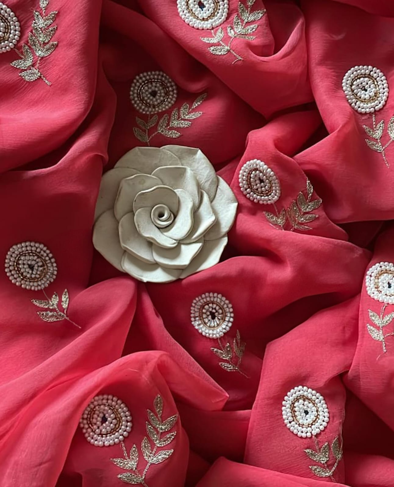 Peachy Pink Pearl Embellished Saree