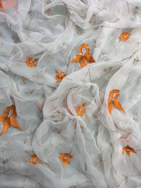 Ivory Saree with Tangerine Motifs