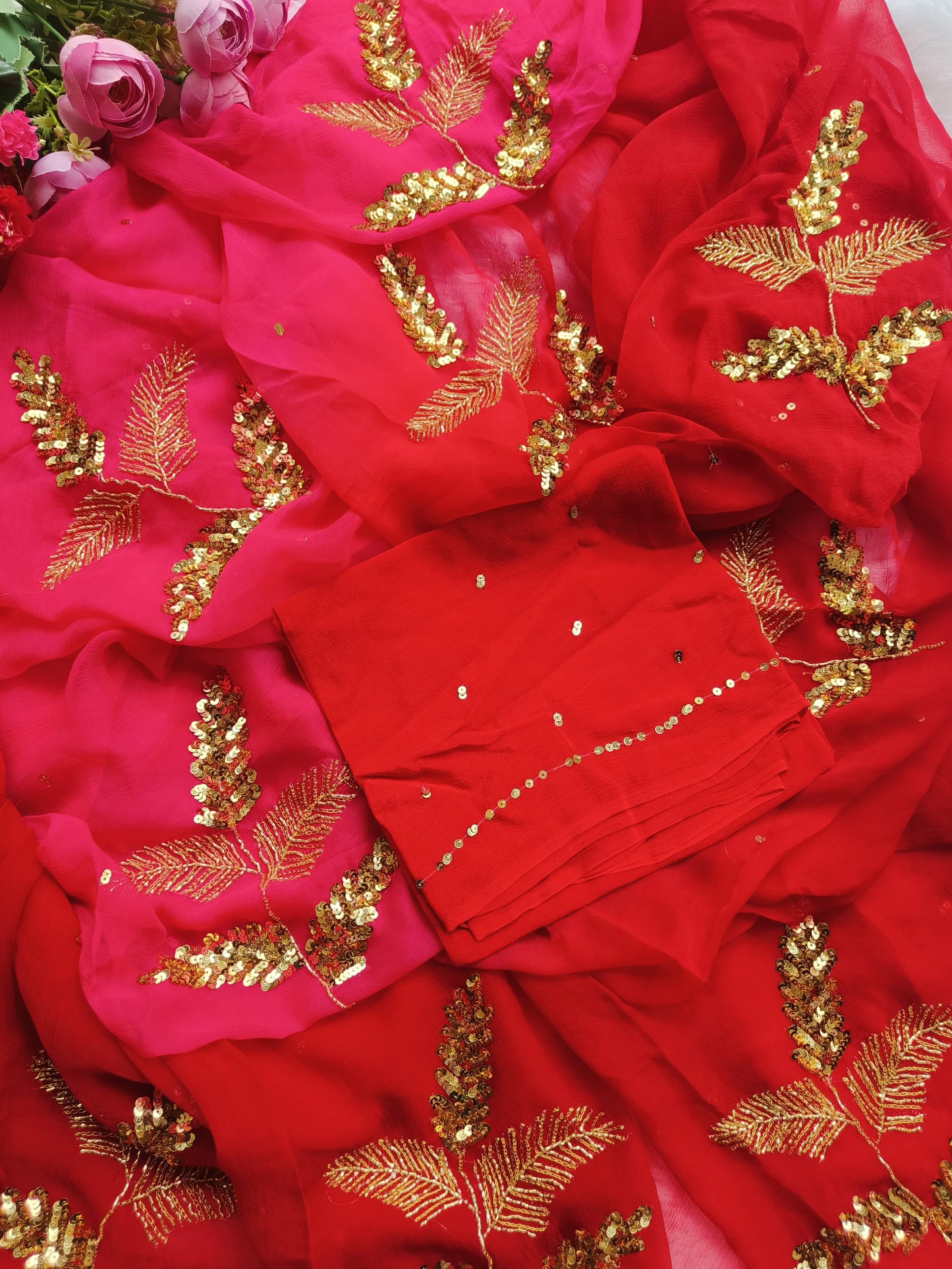Red Rani Sequins Detail Saree