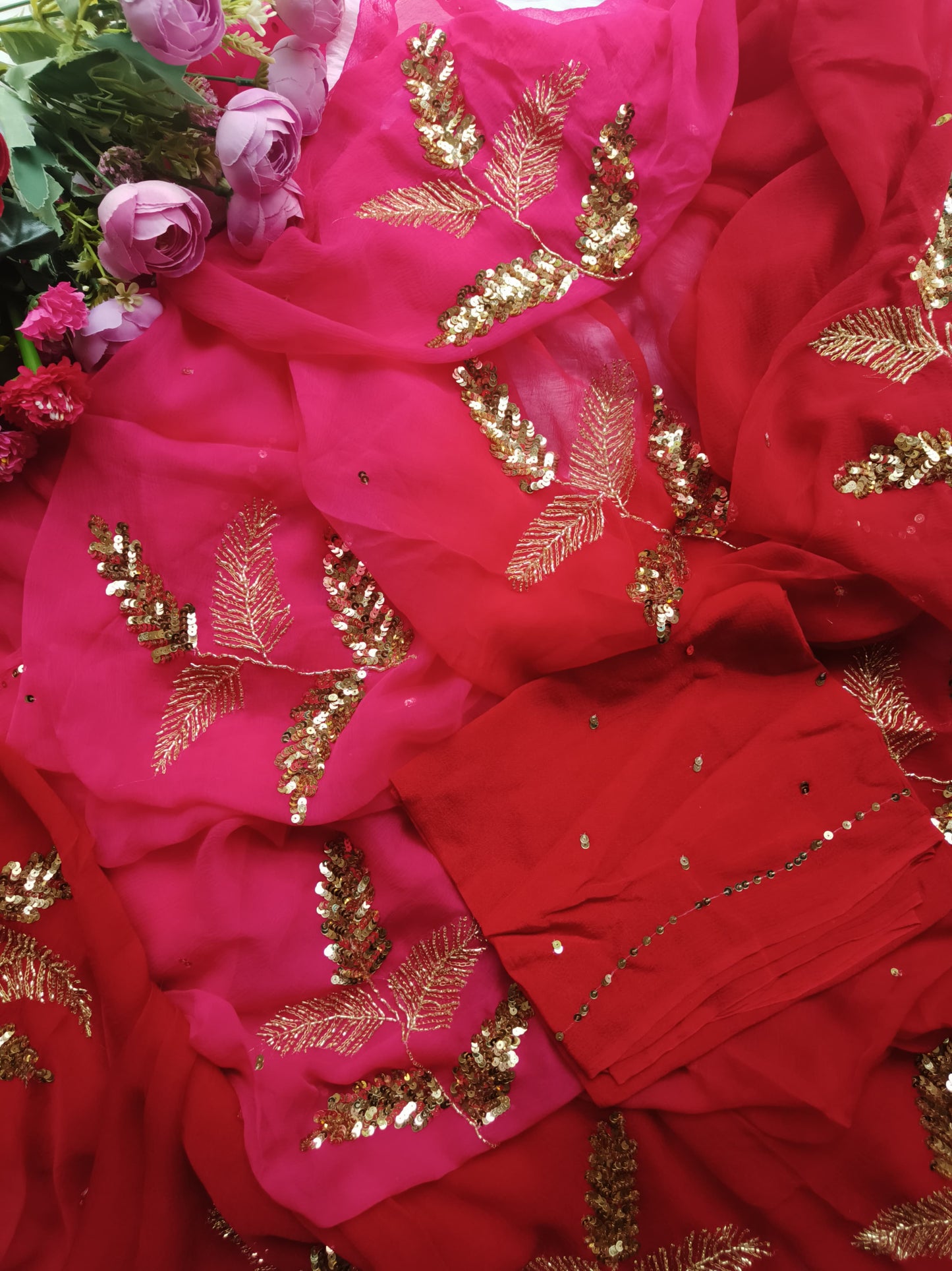 Red Rani Sequins Detail Saree