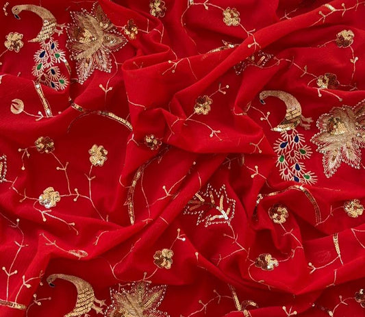 Peacock Art Red Saree