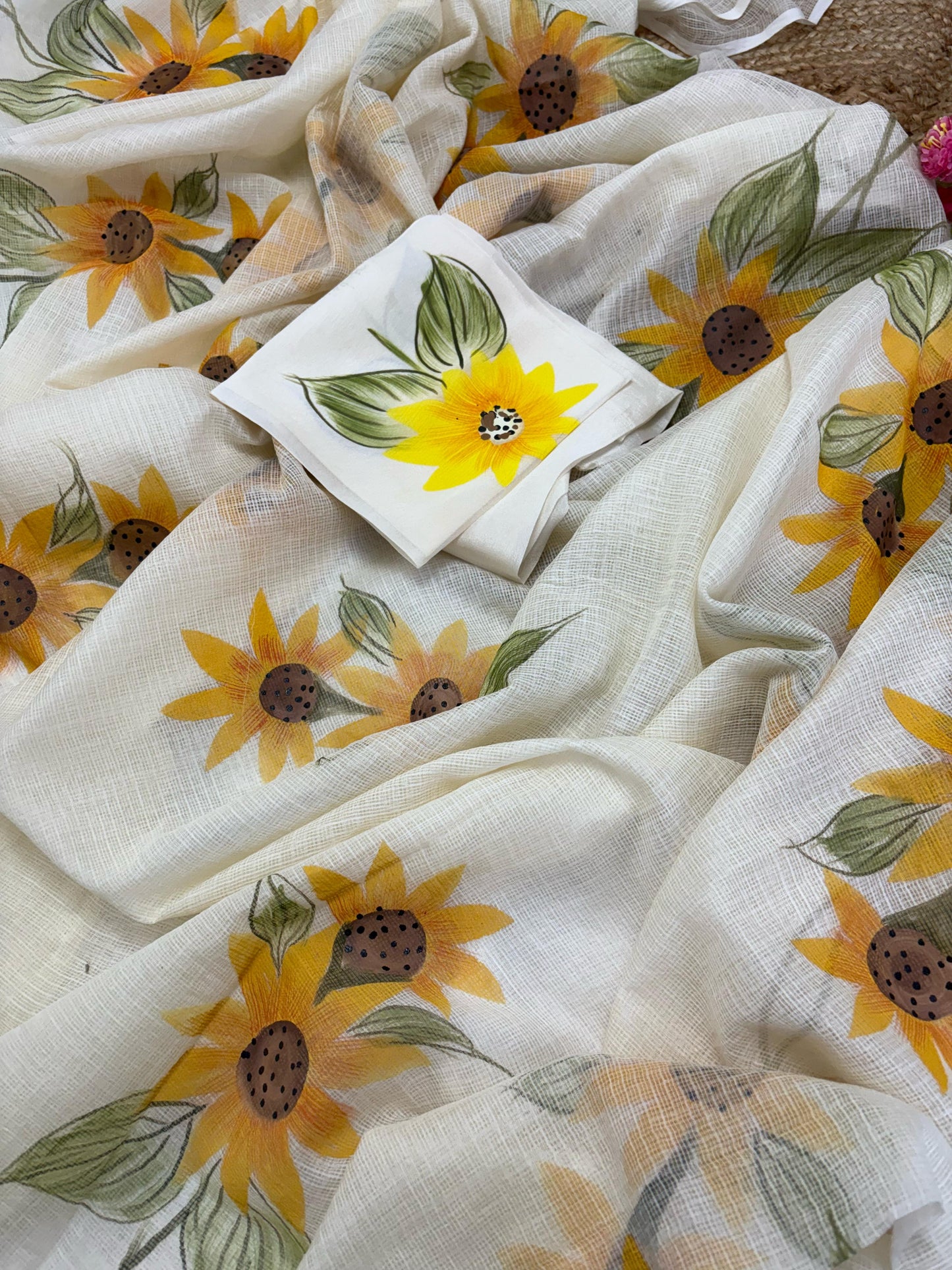Vibrant Sunflowers Handpainted Kota Doria Saree