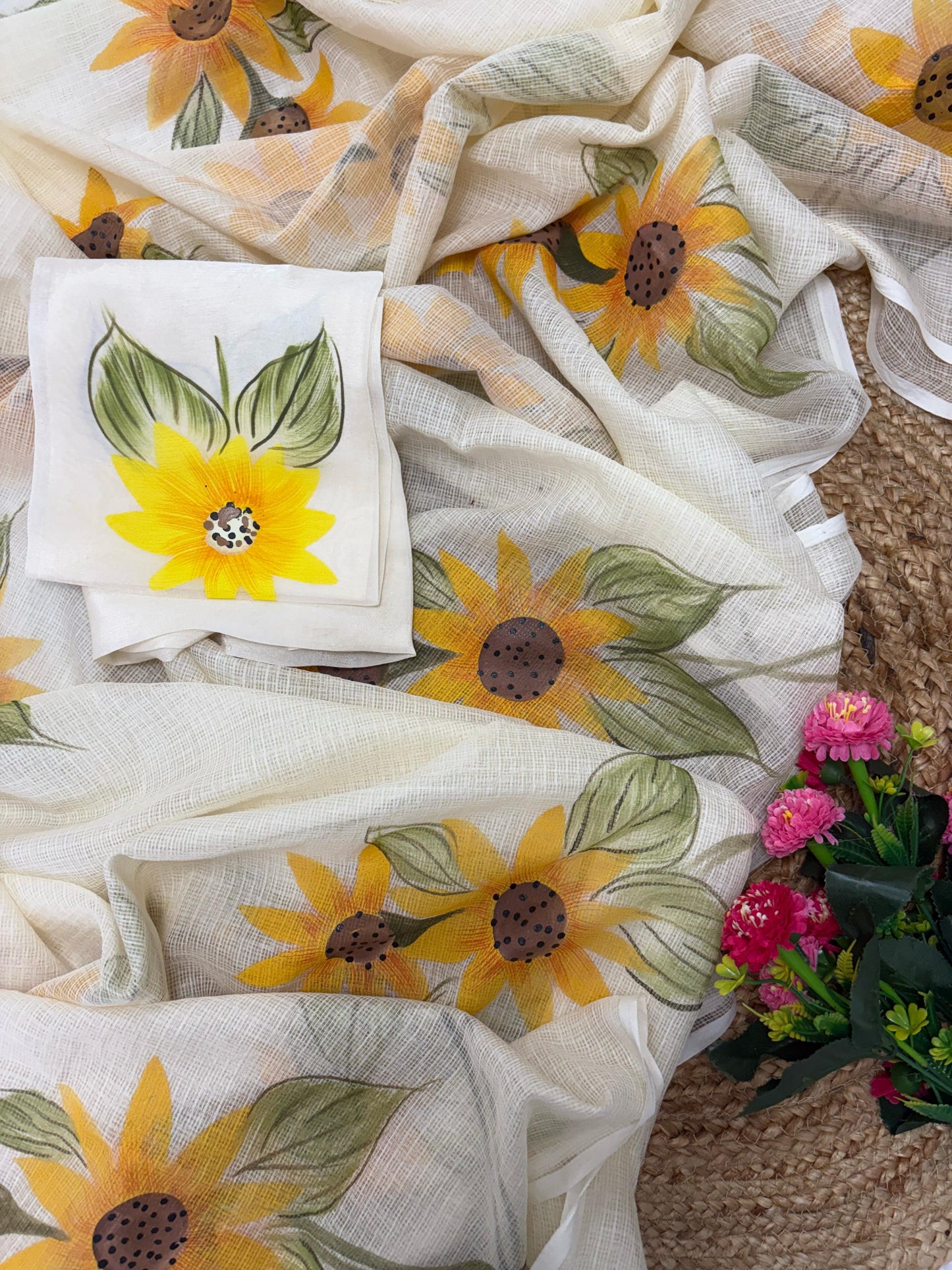 Vibrant Sunflowers Handpainted Kota Doria Saree