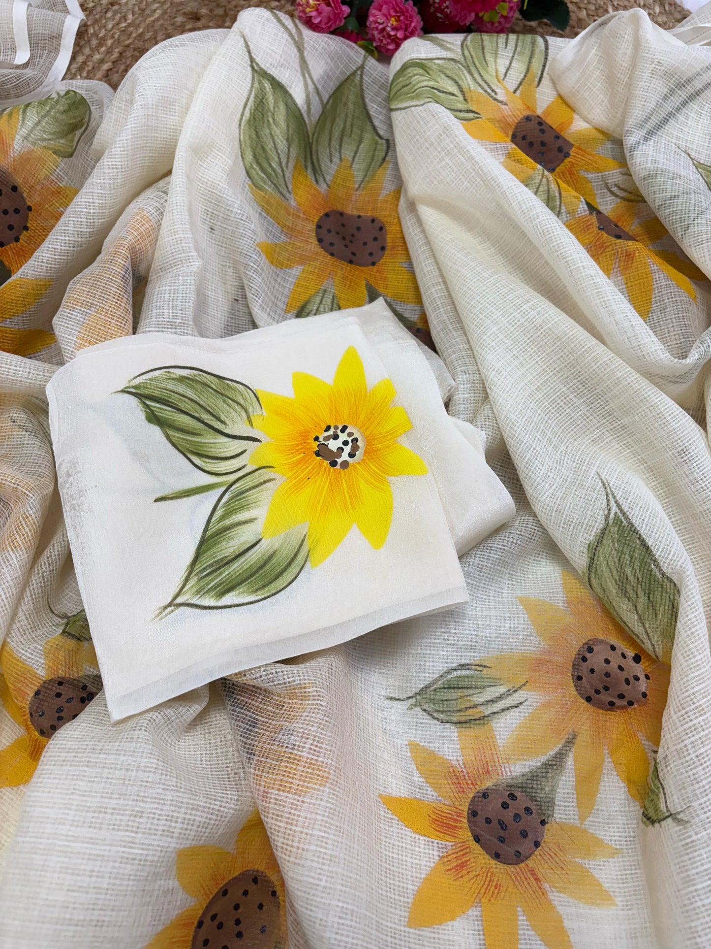 Vibrant Sunflowers Handpainted Kota Doria Saree