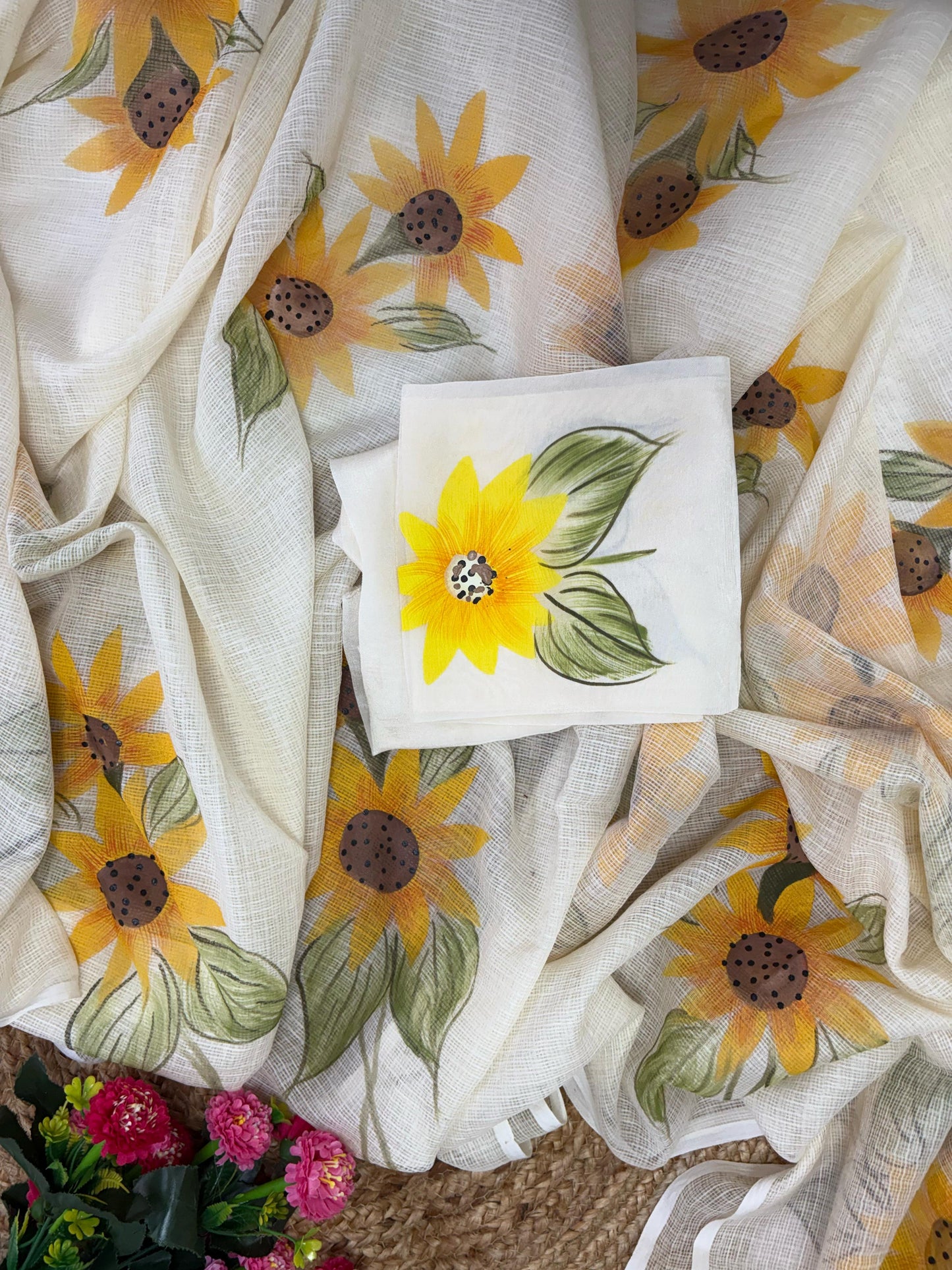 Vibrant Sunflowers Handpainted Kota Doria Saree