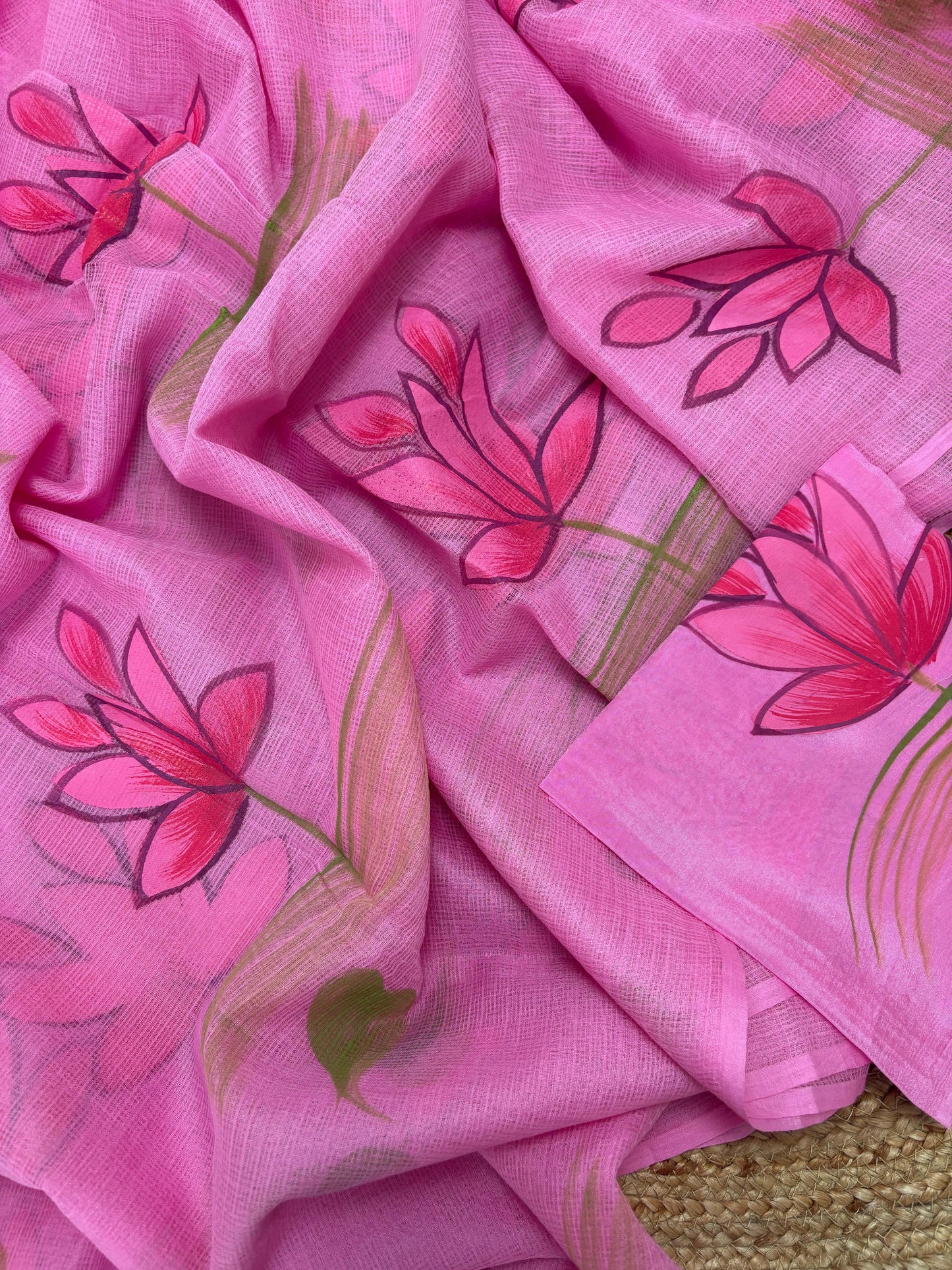 Pink Lotus Hand painted Saree