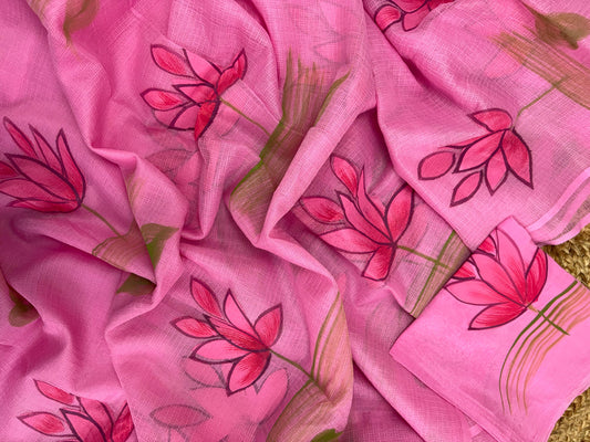 Pink Lotus Hand painted Saree