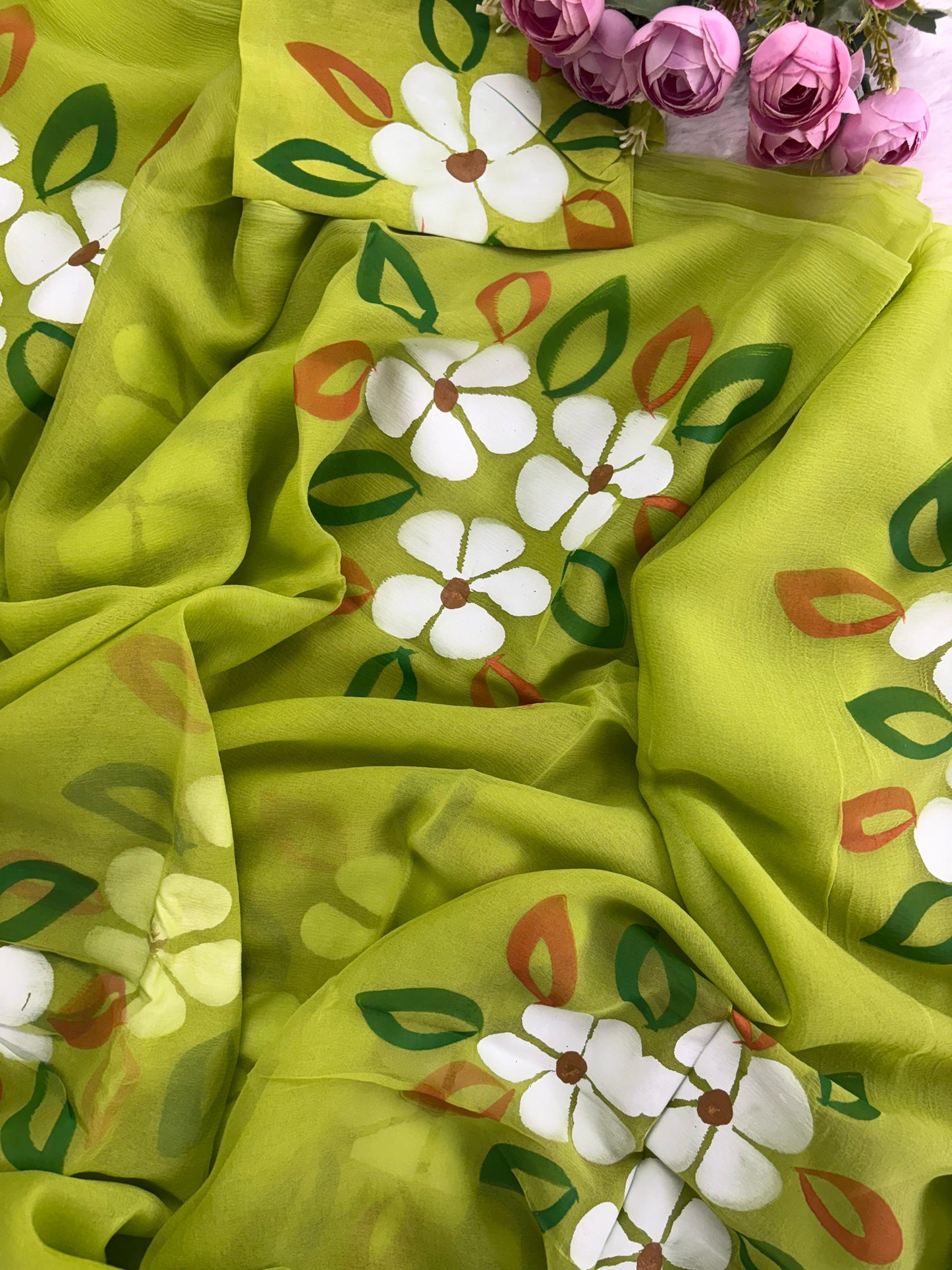 Green Hibiscus Hand Painted Saree