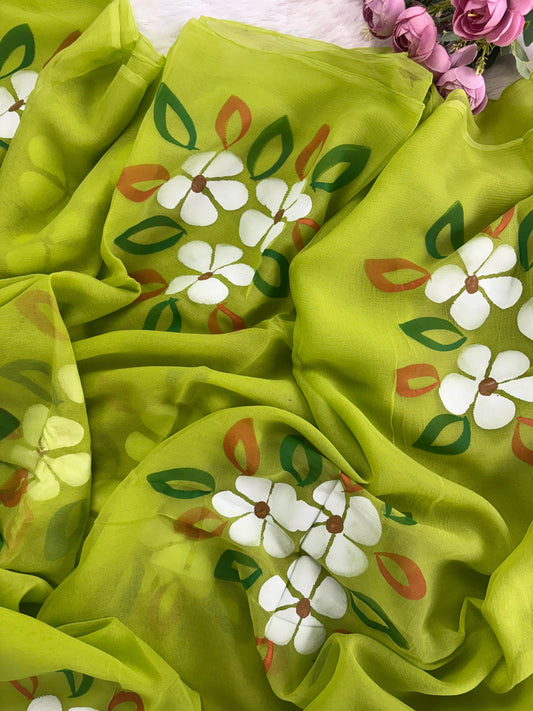 Green Hibiscus Hand Painted Saree