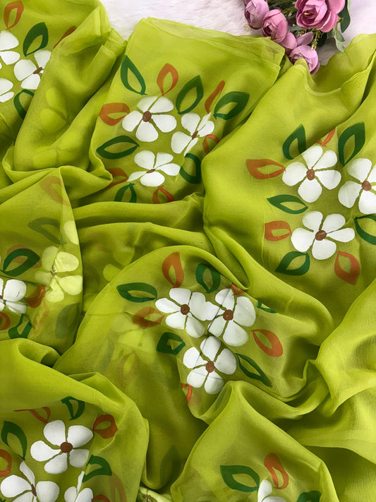 Green Hibiscus Hand Painted Saree
