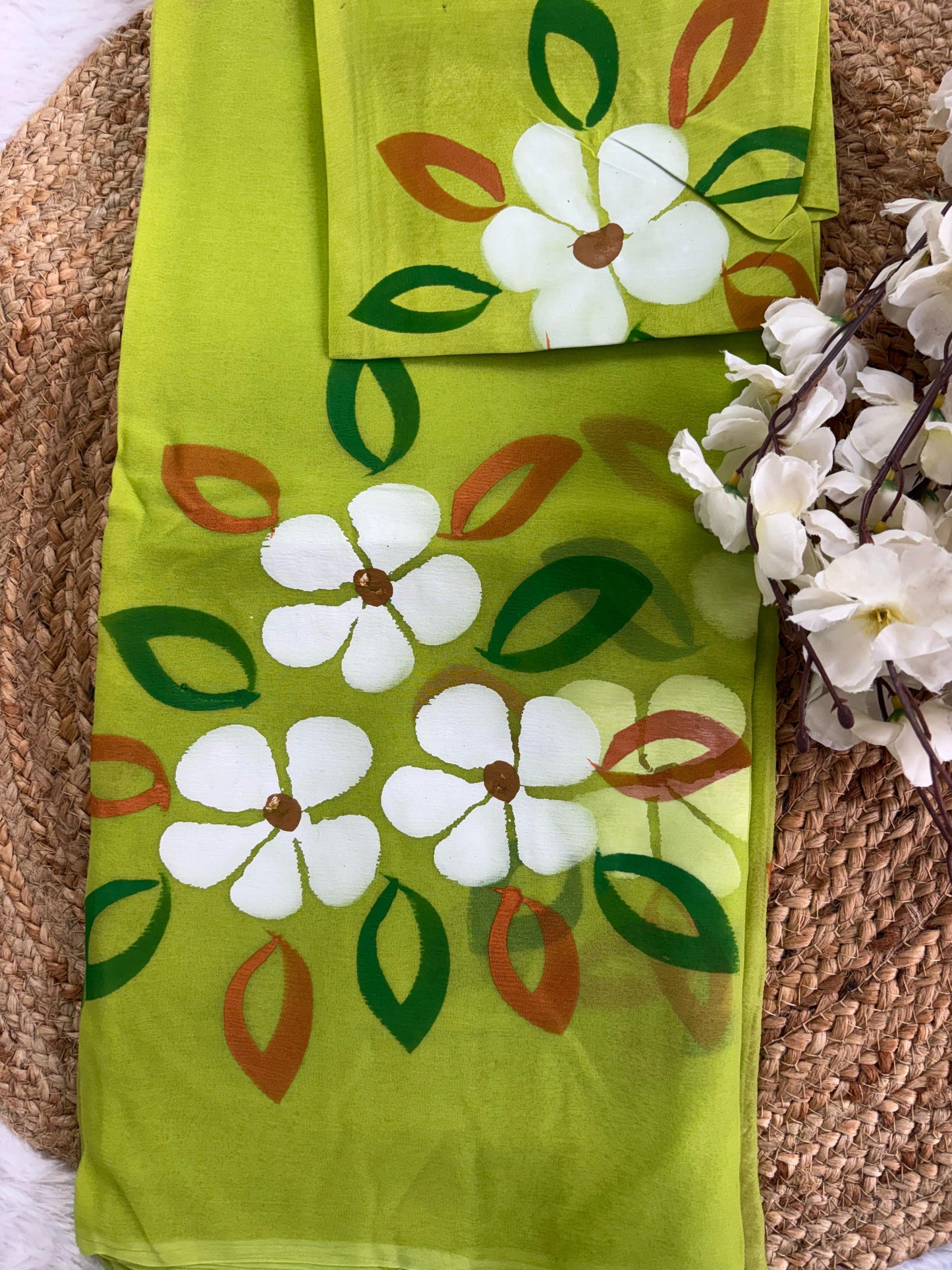 Green Hibiscus Hand Painted Saree