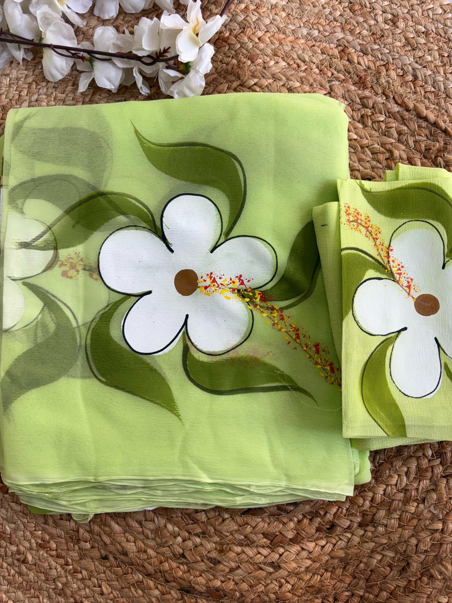 Lime Hand Painted Daisy Saree