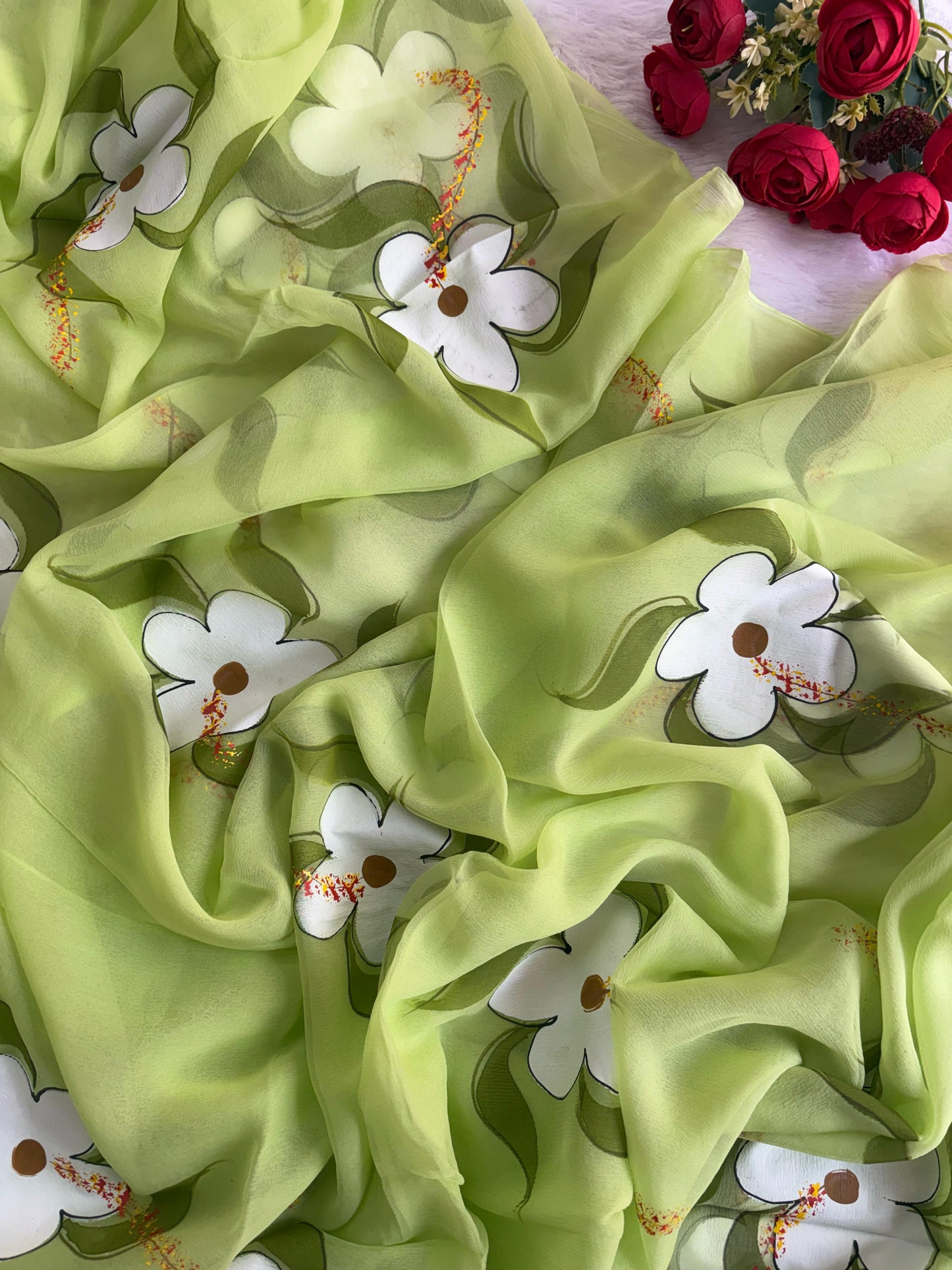 Lime Hand Painted Daisy Saree