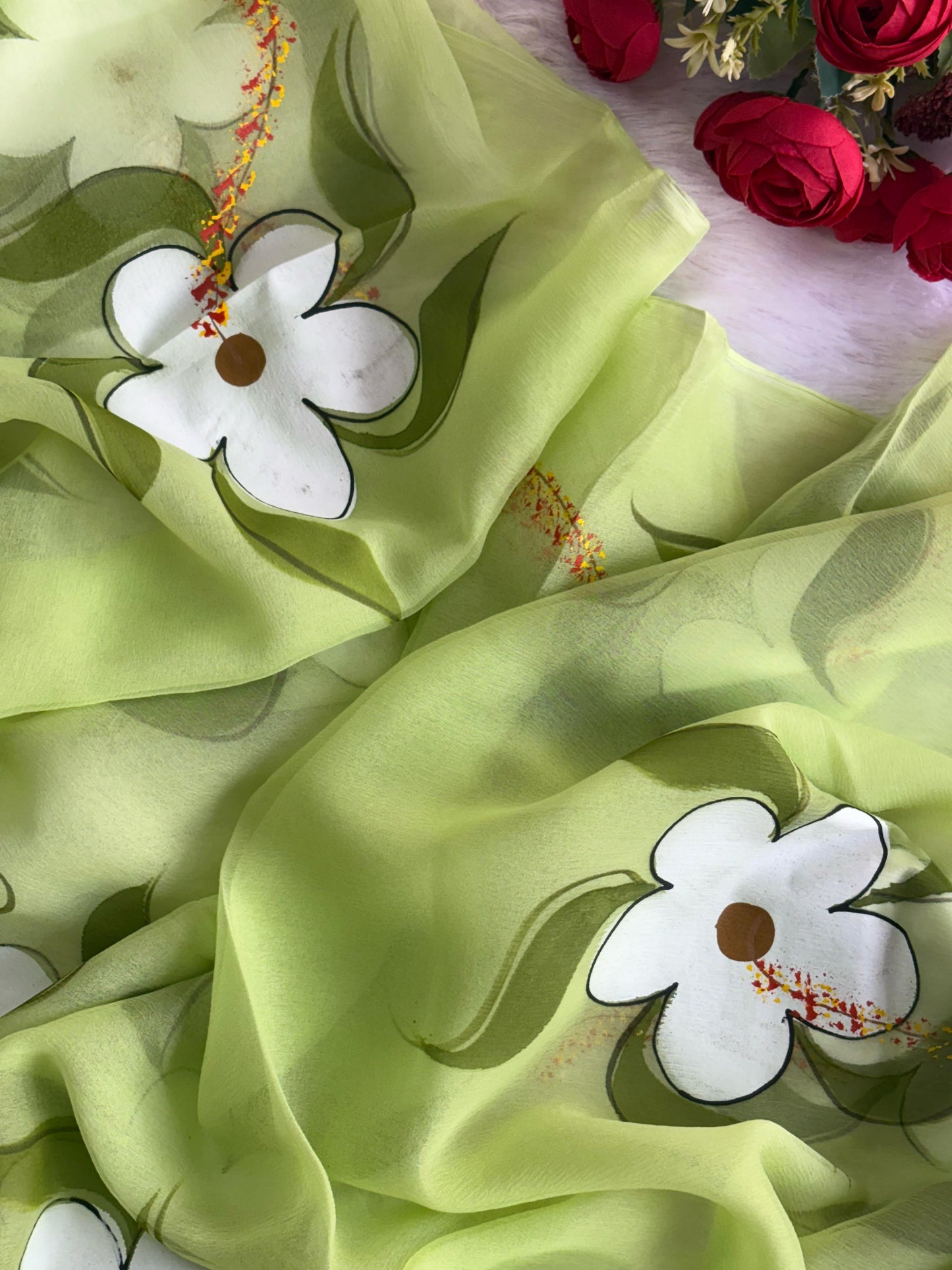 Lime Hand Painted Daisy Saree