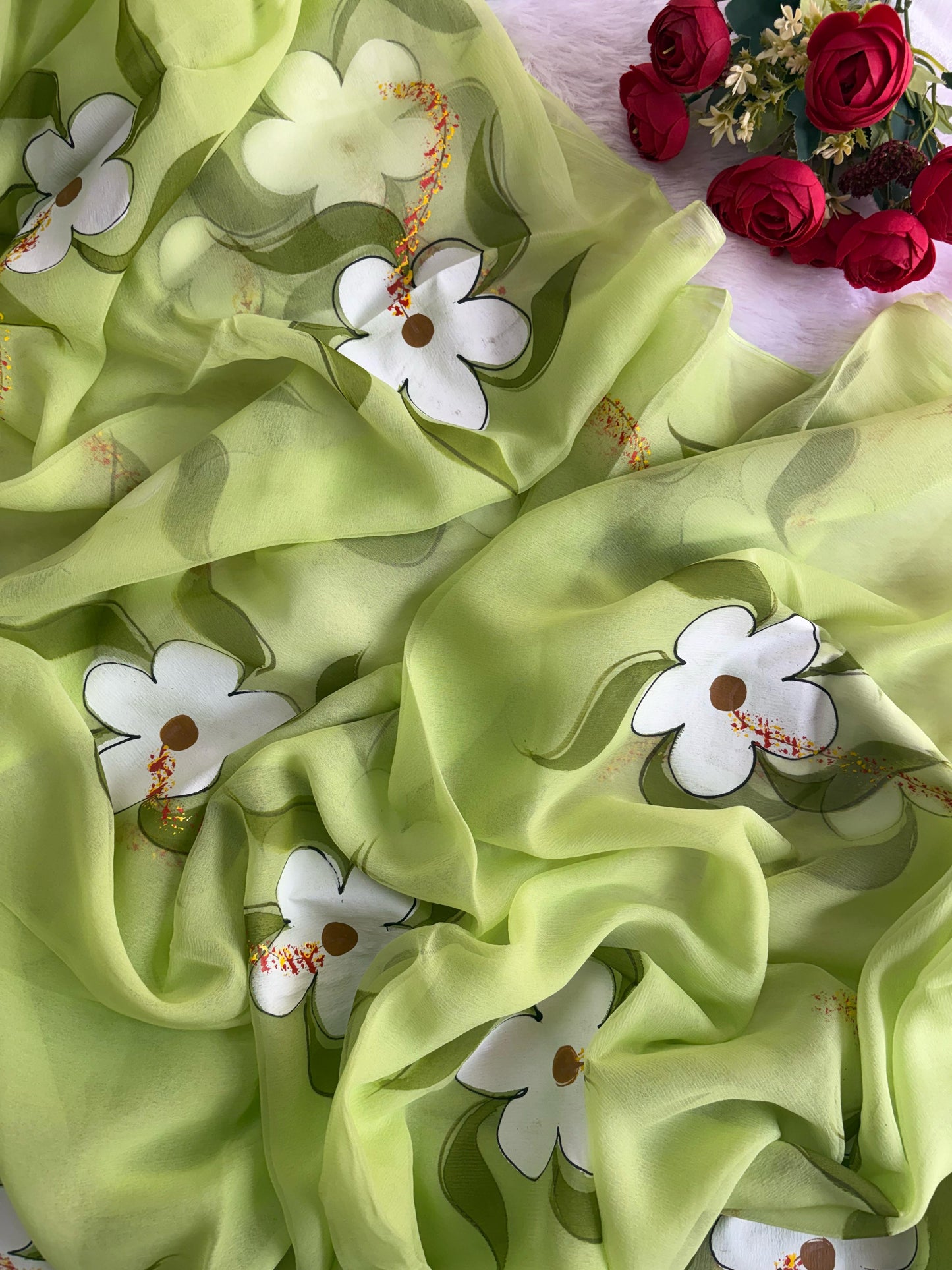 Lime Hand Painted Daisy Saree