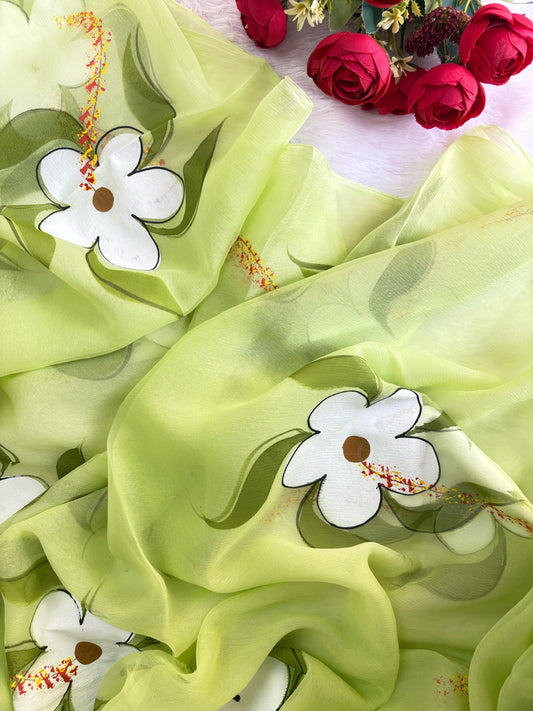 Lime Hand Painted Daisy Saree