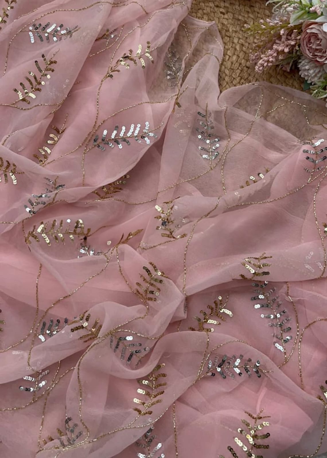 Pink Leafy Lace Saree