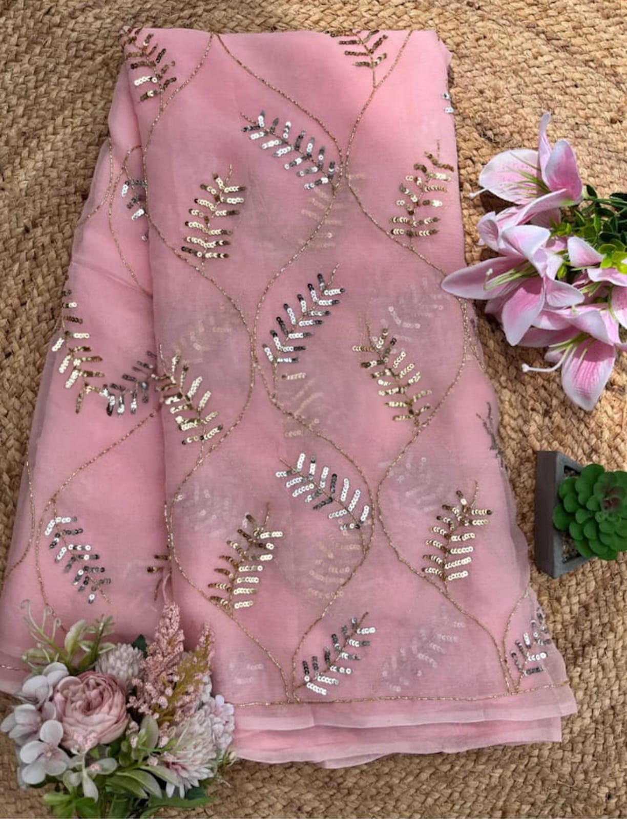 Pink Leafy Lace Saree