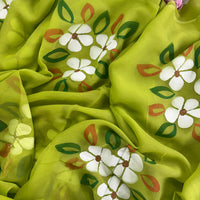 Green Hibiscus Hand Painted Saree