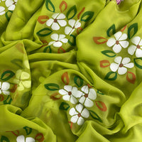 Green Hibiscus Hand Painted Saree
