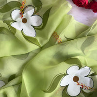 Lime Hand Painted Daisy Saree