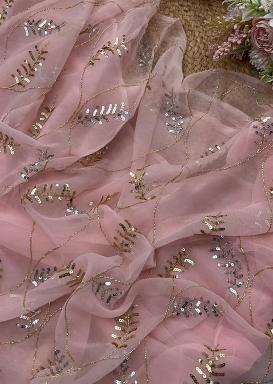 Pink Leafy Lace Saree